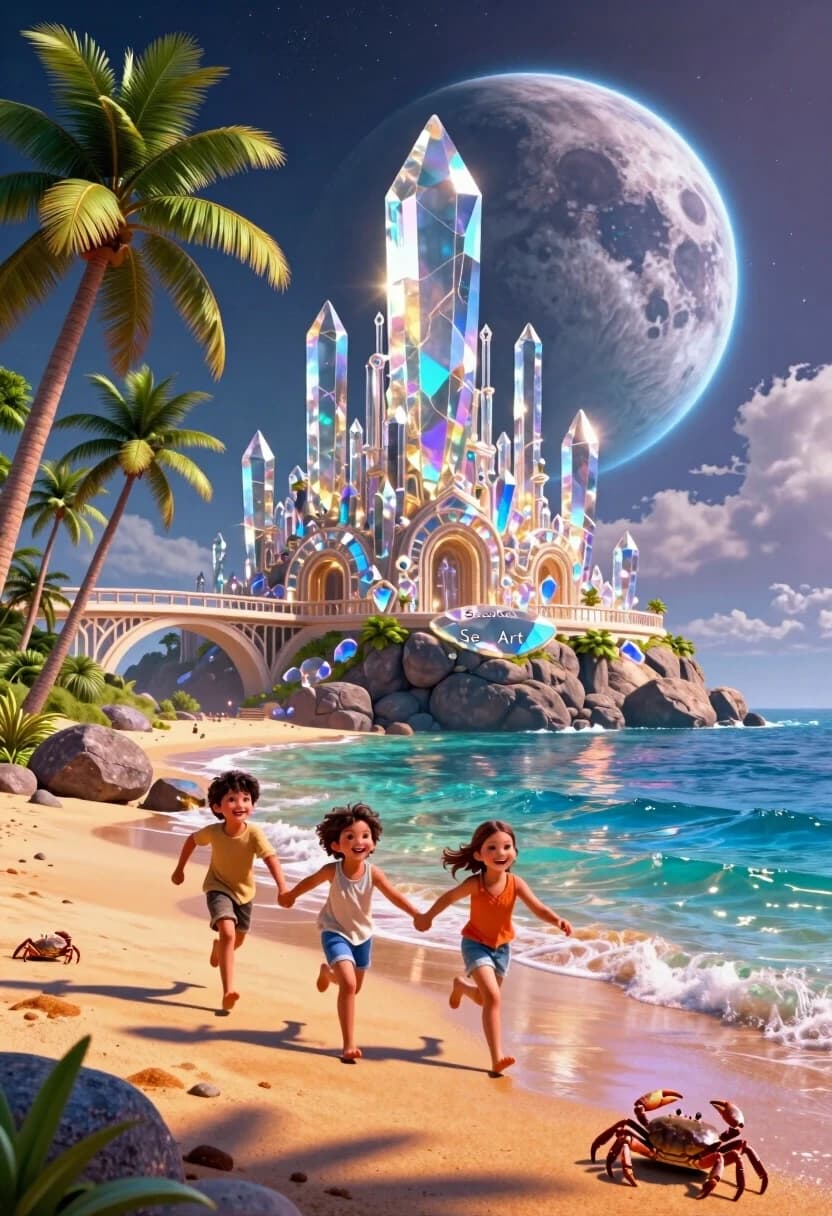 ( Фотореалистичный стиль:2.0 ) Along the sandy shore, a boy and a girl with happy faces, holding hands, are running towards us in their resort clothes. They are running happily, gazing at the camera. Create a photorealistic cinematic 3D illustration in the style of epic fantasy with hyper‑realistic detail. In the foreground — a tropical beach: warm golden‑orange sand with soft highlights, dark rough boulders at the water’s edge, several palm trees with lush crowns slightly tilted towards the ocean; the leaves are rendered individually, with natural curves and shadows. Near the surf line — several realistic crabs with detailed texture on their shells and legs.

The water is multi‑layered: near the shore it’s clear, with a sandy bottom and small stones; further out it has a deep turquoise‑blue hue with realistic ripples, waves and white foam; on the surface there are light reflections and glints.

A few hundred metres from the shore lies a crystal island‑city: a massive rocky base from which numerous spires, towers and arches rise, made of transparent crystal with internal shimmers — iridescent inclusions, thin veins and glowing facets. The crystals reflect and refract light, creating a prism effect: multicolored highlights on the facets, and a soft golden glow inside. The architecture is complex but harmonious: bridges between the towers, terraces, openwork galleries; the scale emphasizes the grandeur of the structure.

On one of the lower terraces, on the flat face of a large crystal (approximately at the level of the island’s midpoint), there is a small, concise inscription: “SeaArt”: the font is minimalist, sans‑serif, the colour is a muted silver, as if engraved and slightly illuminated from within; the inscription is small in size, it doesn’t dominate, but it is clearly readable against the crystal background.

In the background — a huge, highly detailed planet (or moon) with a realistic surface texture: craters, mountain ranges, cloudy swirls; along the edge — a bright blue glow of the atmosphere. The sky is dark blue, studded with stars; light, translucent clouds are scattered across it, partially obscuring the planet.The palette is contrasting: warm sandy‑brown and green tones of the beach and palm trees against the cool blue‑violet hues of the ocean and sky; the crystal city unites both ranges thanks to its iridescent shimmers and warm internal glow. Lighting — dramatic: the main source is the internal glow of the crystals and the reflected light of the planet; soft warm highlights on the sand and water, sharp cold reflections on the crystal faces.

Level of detail — maximum: work out every grain of sand, every vein on the palm leaf, every crystal face, the texture of the crab, individual stars, the micro‑relief of the planet’s surface, the thin clouds. Style — epic fantasy with cinematic framing, designed for a 16:9 format with high definition.