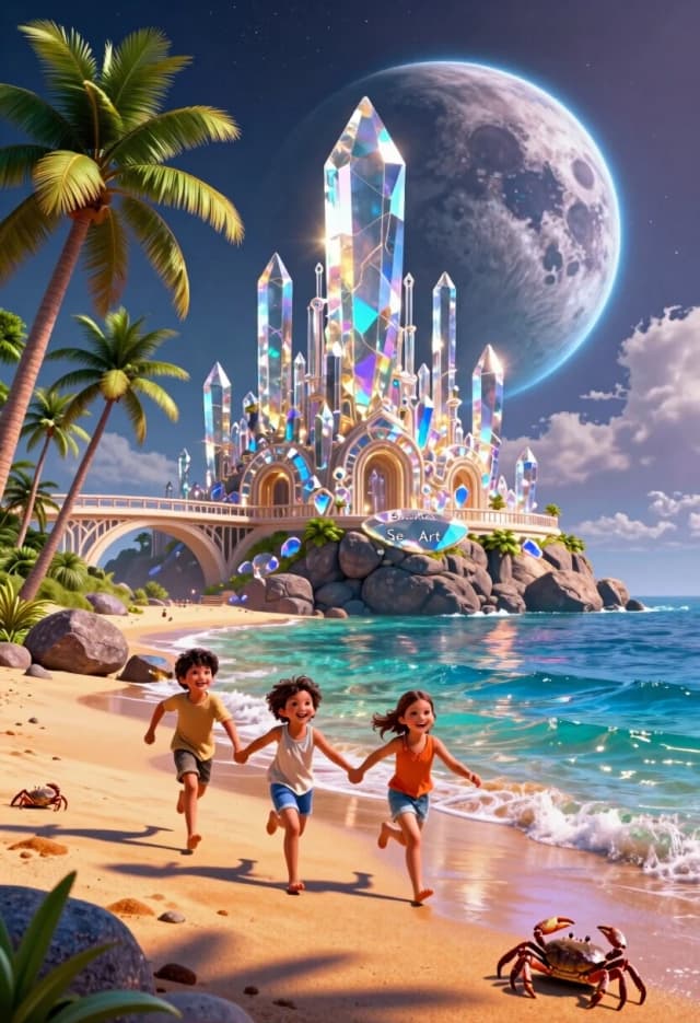 ( Фотореалистичный стиль:2.0 ) Along the sandy shore, a boy and a girl with happy faces, holding hands, are running towards us in their resort clothes. They are running happily, gazing at the camera. Create a photorealistic cinematic 3D illustration in the style of epic fantasy with hyper‑realistic detail. In the foreground — a tropical beach: warm golden‑orange sand with soft highlights, dark rough boulders at the water’s edge, several palm trees with lush crowns slightly tilted towards the ocean; the leaves are rendered individually, with natural curves and shadows. Near the surf line — several realistic crabs with detailed texture on their shells and legs.

The water is multi‑layered: near the shore it’s clear, with a sandy bottom and small stones; further out it has a deep turquoise‑blue hue with realistic ripples, waves and white foam; on the surface there are light reflections and glints.

A few hundred metres from the shore lies a crystal island‑city: a massive rocky base from which numerous spires, towers and arches rise, made of transparent crystal with internal shimmers — iridescent inclusions, thin veins and glowing facets. The crystals reflect and refract light, creating a prism effect: multicolored highlights on the facets, and a soft golden glow inside. The architecture is complex but harmonious: bridges between the towers, terraces, openwork galleries; the scale emphasizes the grandeur of the structure.

On one of the lower terraces, on the flat face of a large crystal (approximately at the level of the island’s midpoint), there is a small, concise inscription: “SeaArt”: the font is minimalist, sans‑serif, the colour is a muted silver, as if engraved and slightly illuminated from within; the inscription is small in size, it doesn’t dominate, but it is clearly readable against the crystal background.

In the background — a huge, highly detailed planet (or moon) with a realistic surface texture: craters, mountain ranges, cloudy swirls; along the edge — a bright blue glow of the atmosphere. The sky is dark blue, studded with stars; light, translucent clouds are scattered across it, partially obscuring the planet.The palette is contrasting: warm sandy‑brown and green tones of the beach and palm trees against the cool blue‑violet hues of the ocean and sky; the crystal city unites both ranges thanks to its iridescent shimmers and warm internal glow. Lighting — dramatic: the main source is the internal glow of the crystals and the reflected light of the planet; soft warm highlights on the sand and water, sharp cold reflections on the crystal faces.

Level of detail — maximum: work out every grain of sand, every vein on the palm leaf, every crystal face, the texture of the crab, individual stars, the micro‑relief of the planet’s surface, the thin clouds. Style — epic fantasy with cinematic framing, designed for a 16:9 format with high definition.