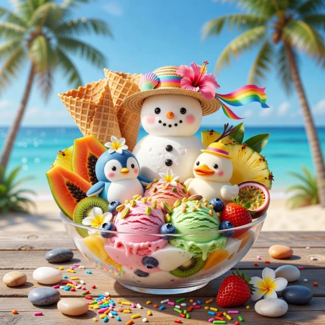 Bright, photorealistic 3D rendering of a tropical dessert in a transparent crystal bowl on a wooden table against the background of the beach. In the center stands a cute round snowman in a straw hat decorated with a pink hibiscus flower, a rainbow ribbon and a seashell. There are two large waffle cones behind the snowman. There are ice cream balls in the bowl: blue in the shape of a cute little penguin, white with a duck beak and a tiny yellow hat, pink and green with pistachios, sprinkled with nuts and blueberries. The ice cream is decorated with fresh tropical fruits: papaya, pineapple slices, kiwi, strawberries, passion fruit and plumeria flowers. Colorful sprinkles and smooth beach pebbles are scattered on the wooden surface. The background shows a blurred tropical beach with palm trees, bright blue sky and ocean. Style: whimsical, in the spirit of summer, over-detailed, bright sunlight, tropical paradise, 8k resolution, cinematic composition.