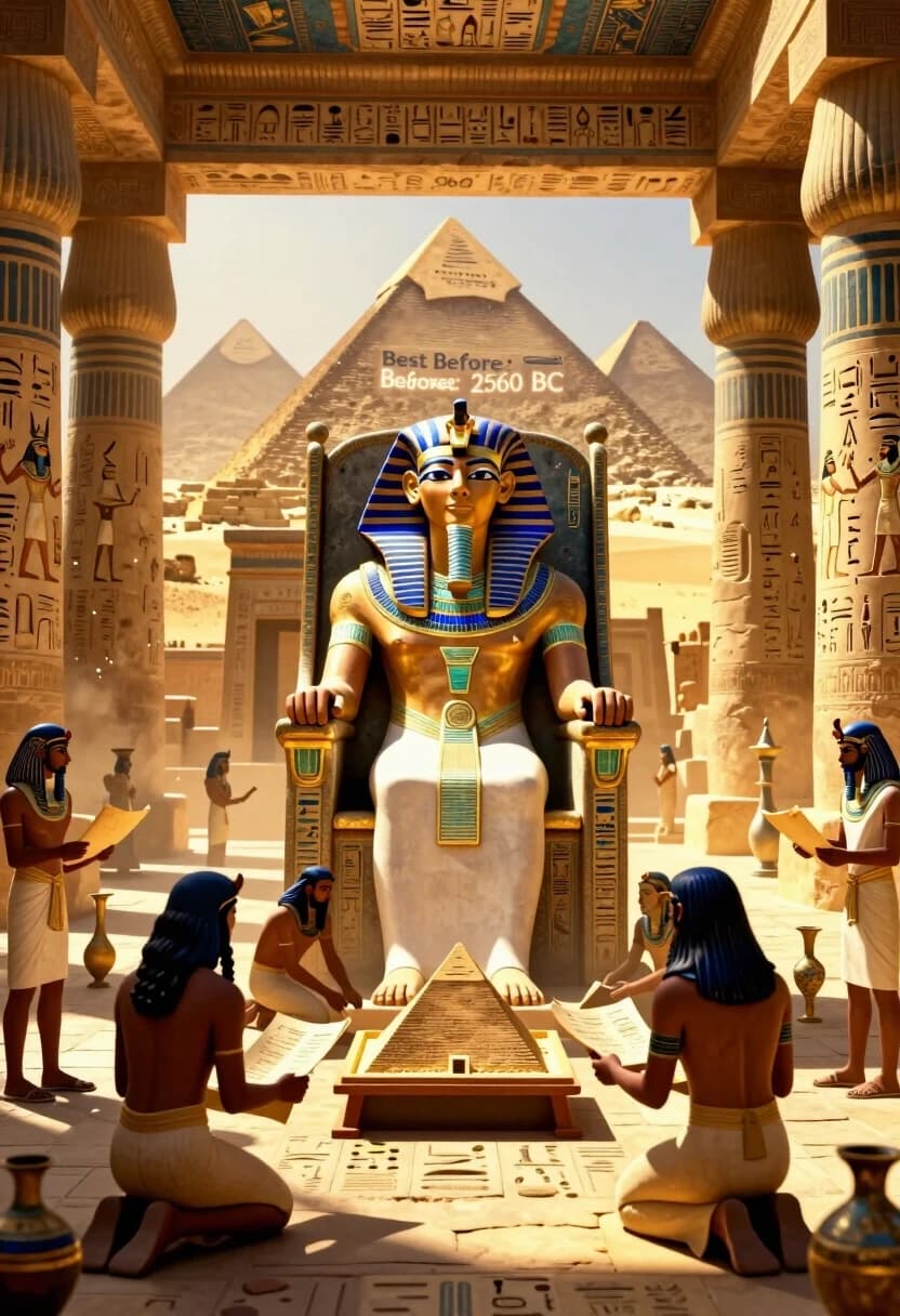 Photorealistic, 8K, cinematic lighting, ultra-detailed. Ancient Egypt, grand throne room of a pharaoh. In the center, a majestic pharaoh sits on a high-backed throne carved from dark stone and inlaid with gold and lapis lazuli; his headdress (nemes) is deep blue with gold accents, and his expression is dryly amused, almost bored. He rests one hand on the armrest, fingers slightly curled, as if he’s just delivered a witty remark.

In front of him, a line of weary architects and overseers kneel or stand in humble postures, holding rolled papyrus scrolls and small clay models of pyramids. One of them presents a miniature model of the Great Pyramid of Giza on a wooden stand, as if offering it for approval.

The pyramids themselves are visible through the open hall’s massive stone columns: three iconic pyramids in the distance under a hazy desert sky, with a subtle “expired” visual twist — the largest pyramid has a faint, semi-transparent overlay resembling a food expiration label: “Best Before: 2560 BC” in stylized hieroglyphs, rendered with a soft glow and slight distortion to keep the scene magical, not comical.

The architecture is rich with fine details: intricate bas-reliefs on the walls showing gods and pharaohs, hieroglyphic inscriptions, ornate borders and patterns on the columns and floor tiles, small vases and ceremonial items scattered around. Sunlight streams through the high openings, casting dramatic golden beams and long shadows, highlighting dust motes in the air.

Color palette: warm desert golds and sands contrasted with deep blues, greens, and rich browns of the stone and textiles. Atmosphere: grand, historical, slightly humorous but still majestic. No modern text or fonts; all textual elements must appear as stylized hieroglyphs or carved inscriptions. No logos, no UI elements.