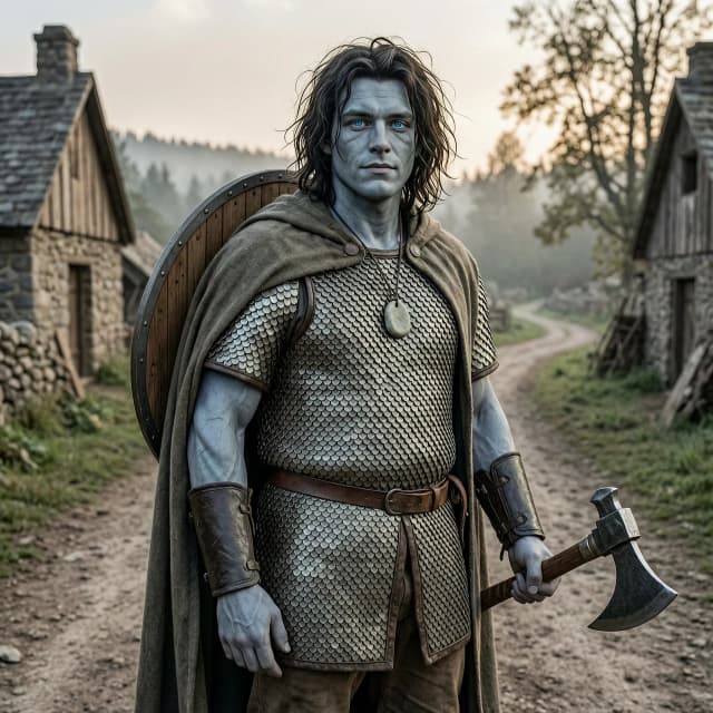 Fantasy character art,  portrait of a young male half-goliath half-human adventurer, about 25 human years old. He has a massive, sturdy, muscular build and broad shoulders, but no exaggerated bodybuilder veins. His skin is smooth stone-grey, with human-like texture, not rocky. His face is naturally good-looking but not studio-perfect: slightly asymmetrical, real, youthful, with a strong jaw and an neutral expression. No deep wrinkles, no heavy scars. His hair is dark, shoulder-length, genuinely messy and unkempt — greasy, windblown, uneven strands, not styled, not Hollywood messy. He has bright, clear blue eyes. He wears practical scale mail armor under a simple, worn traveling cloak; the cloak is slightly open so the scale mail is visible. A round wooden shield with metal reinforcement is strapped to his back only — no shield in his hand. In left hand he holds a one-handed, single-edged battle axe. His right hand is empty. Around his neck is a simple stone amulet. He looks like a strong village lad who has just begun adventuring: sturdy but not yet hardened. Background: village edge or forest road at dawn. Natural, soft daylight, realistic fantasy style, detailed textures, no glamour, no cinematic studio lighting. --ar 3:4