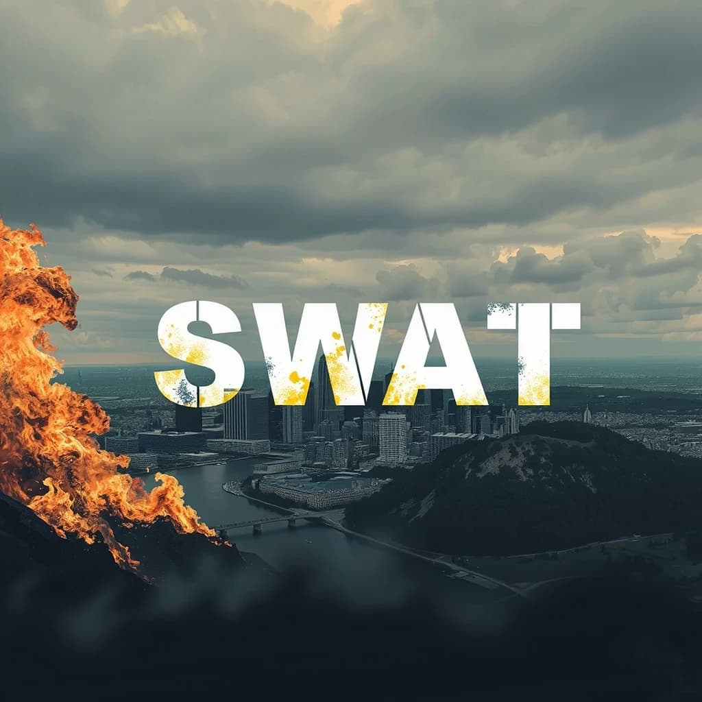 сделай картинку с надписью SWAT чтоб на заднем фоне был огонь и город