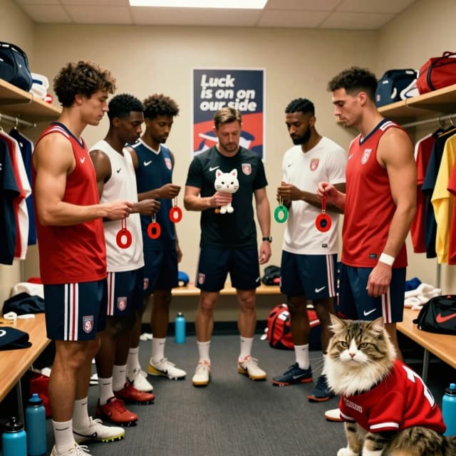 Cinematic humorous photorealistic shot of a sports locker room. A team of athletes stands in a circle, all touching a stuffed cat mascot and a lucky horseshoe. Players are holding lucky charms. The coach holds a rabbit's foot. On the wall, a poster reads "Luck is on our side". In the corner, a real fluffy cat wearing a tiny team jersey looks at them with a deeply sarcastic, unimpressed expression. The room is warm and slightly messy, with sports bags and water bottles. Playful, ironic, relatable, warm lighting, photorealistic, shallow depth of field, 4:5 aspect ratio.