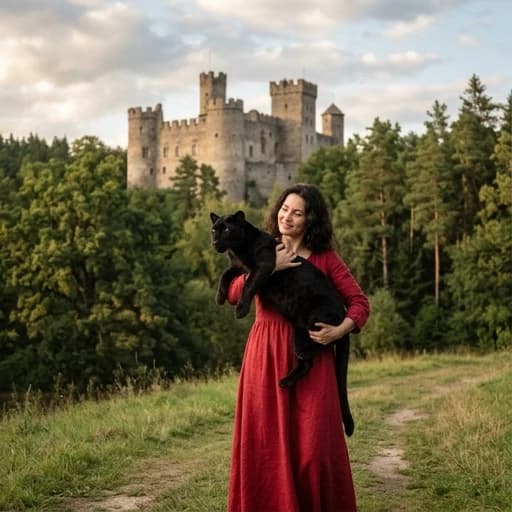 Женщина в красном платье, на руках пантера, невдалеке старинный замок, окружённый лесом.