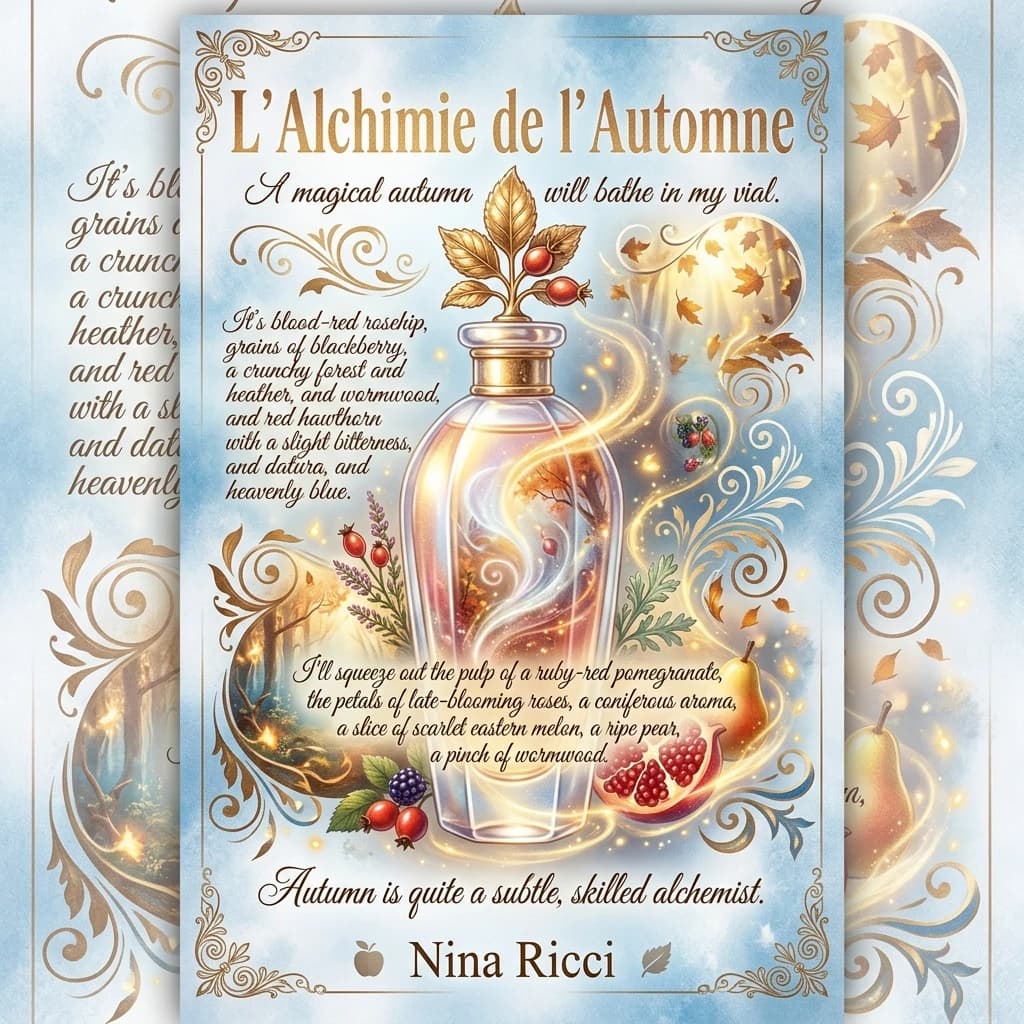 ((Advertising card)) (Greeting card background): blue and white, golden brown, golden white, golden blue, golden light blue. (Decorated with floral scrolls, spirals, vignettes of falling leaves and sunlight. (Autumn will bathe in my vial). (Autumn) is quite a subtle, skilled alchemist.There’s blood‑red rosehip, grains of blackberry, a crunchy forest and heather, and wormwood,
and red hawthorn with a slight bitterness, and datura, and heavenly blue. I’ll squeeze out the pulp of a ruby‑red pomegranate, the petals of late‑blooming roses, a coniferous aroma, a slice of scarlet eastern melon,
a ripe pear, a pinch of wormwood. ((A tall crystal perfume bottle. The bottle sparkles in the rays of magical light and golden sparks of enchanted fire, absorbing the scents of late‑blooming rose petals, the aroma of pine, smoke, dark chocolate, and flowers. Golden highlights swirl around the bottle)). (Colors):golden, scarlet, green, white‑green, yellow‑golden, silver, pink‑golden, silver‑white, pink‑lilac, copper‑pink, silver‑platinum. (Style):art fantasy, shabby chic, poster, advertising, art design, retro design, magical realism, metaphorism, poetry, postcard, romance, early autumn, apples, double exposure, tenderness, a perfume bottle in an autumn mist in the style of Nino Ricci, autumn, romance, close‑up, high quality, gradient, elegance, radiance and shine. Inner light, 4K, intricate details.