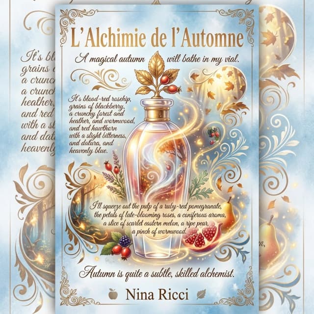 ((Advertising card)) (Greeting card background): blue and white, golden brown, golden white, golden blue, golden light blue. (Decorated with floral scrolls, spirals, vignettes of falling leaves and sunlight. (Autumn will bathe in my vial). (Autumn) is quite a subtle, skilled alchemist.There’s blood‑red rosehip, grains of blackberry, a crunchy forest and heather, and wormwood,
and red hawthorn with a slight bitterness, and datura, and heavenly blue. I’ll squeeze out the pulp of a ruby‑red pomegranate, the petals of late‑blooming roses, a coniferous aroma, a slice of scarlet eastern melon,
a ripe pear, a pinch of wormwood. ((A tall crystal perfume bottle. The bottle sparkles in the rays of magical light and golden sparks of enchanted fire, absorbing the scents of late‑blooming rose petals, the aroma of pine, smoke, dark chocolate, and flowers. Golden highlights swirl around the bottle)). (Colors):golden, scarlet, green, white‑green, yellow‑golden, silver, pink‑golden, silver‑white, pink‑lilac, copper‑pink, silver‑platinum. (Style):art fantasy, shabby chic, poster, advertising, art design, retro design, magical realism, metaphorism, poetry, postcard, romance, early autumn, apples, double exposure, tenderness, a perfume bottle in an autumn mist in the style of Nino Ricci, autumn, romance, close‑up, high quality, gradient, elegance, radiance and shine. Inner light, 4K, intricate details.