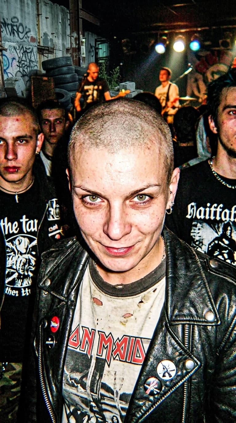 Authentic archival photo from the mid-2000s, grainy low-quality digital camera aesthetic, candid shot of a young woman with a shaved head, non-conformist alternative style. She is part of a subculture gathering at an abandoned construction site with rusted steel beams and concrete debris in the background. The woman has a natural skin tone, realistic body proportions, and a raw, unpolished look. Lighting is harsh, direct flash typical of old point-and-shoot cameras, creating deep shadows and slight overexposure on skin. Composition is amateurish and spontaneous, slightly tilted angle, medium shot. Visual style: lo-fi aesthetic, film grain, motion blur, chromatic aberration, nostalgic Y2K underground atmosphere, high realism, no airbrushing, looks like a scanned physical photograph from a personal archive.