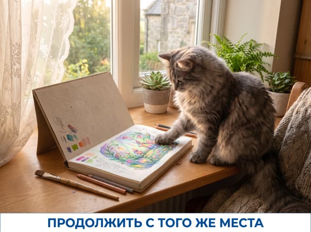 A charming fluffy grey cat sitting on a windowsill beside an open sketchbook, one paw resting on the page. On the page a bright colorful illustration is half-finished and appears to shimmer with life. Soft morning light through the window, warm cozy interior, photorealistic fur detail, endearing mood, single hero centered. At the bottom, a clean horizontal banner with bold Russian text "Продолжить с того же места", simple sans-serif, high contrast, occupying under 20% of the image, not covering the hero.