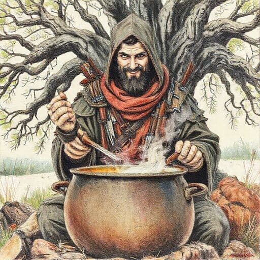 Эпическое фэнтези средневековье. Наёмник в одежде ниндзи или плута замер над большим походным котлом. Он готовит похлёбку, в одной руке у него щепотка специй которые он спит в котёл, в другой руке у него поварёшка, которым он помешивает еду в котле. За спиной у наёмника старый раскидистый дуб. К одежде наёмника прикреплено множество кинжалов и ножей. Лицо наёмника не запоминающееся, но красивое, он улыбается. Лето. На руках по 5 пальцев и руки аккуратные