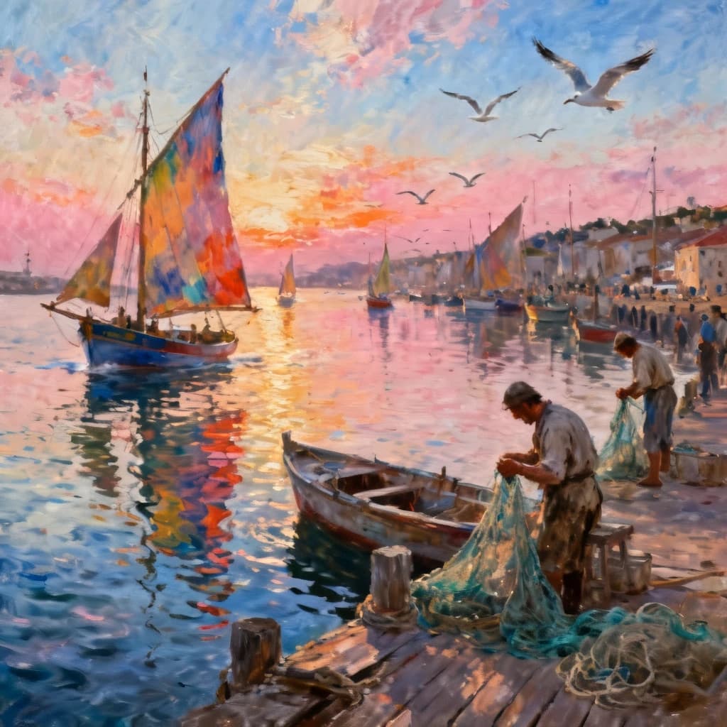 A vibrant digital painting capturing the lively atmosphere of a bustling harbour at dawn. Fishing boats with colorful sails are returning to shore, their reflections shimmering on the water. Weathered fishermen mend nets on the docks, while seabirds circle overhead. The style is a blend of Impressionism for the light and color, with realistic details for the boats and structures, reminiscent of Joaquin Sorolla.