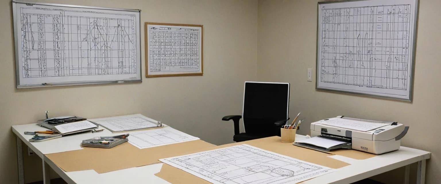 Photorealistic, frontal view of a clothing pattern design bureau. Foreground: a matte white desk with neatly arranged paper sewing patterns, transparent plastic drafting rulers (lecalas), technical flat sketches, graphite pencils, and a metal ruler. In the left corner of the desk, a modern computer with a large monitor showing CAD software displaying a 3D flattened pattern piece for a coat. Background (heavily blurred with bokeh): a metal clothing rack holding finished garment samples (a classic coat and two dresses), as well as finished paper patterns hanging on hangers. Lighting: soft directional light from the top-left (daylight, 5000K) highlighting the texture of the paper and plastic, with no glare on the monitor screen. Shallow depth of field, focus on the table with patterns and the computer.