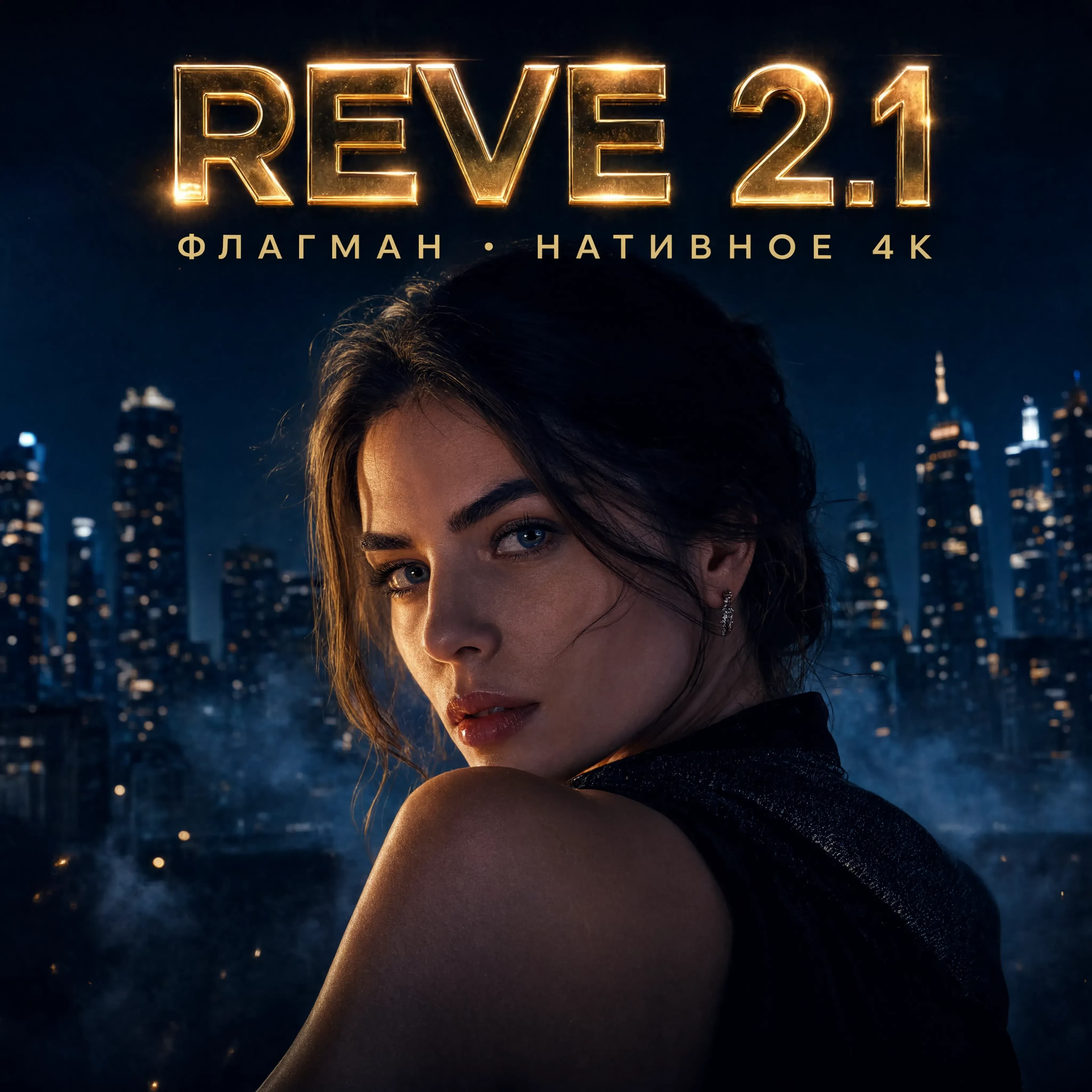 Готовый премиальный рекламный key-visual флагманской нейросети изображений, вертикальный формат 4:5, нативное 4K, качество глянцевого постера класса luxury-бренда. Hero во весь кадр: эффектная молодая женщина крупным планом в драматичном контровом свете ночного города, полуоборот, уверенный взгляд в камеру, безупречная детализация кожи, бликов и прядей, фактура дорогой ткани, отражения неона на коже, объёмный дым, кинематографичная светотень, палитра индиго/графит/тёплое золото.
Типографика — идеально чёткая, ровный кернинг:
— крупный заголовок в верхней трети по центру «REVE 2.1», объёмные глянцевые буквы с мягким свечением;
— тонкий подзаголовок под ним «ФЛАГМАН · НАТИВНОЕ 4K».
Строгая дизайнерская сетка, чистые поля, композиция продаёт с первого взгляда, без UI-элементов и лишних подписей.