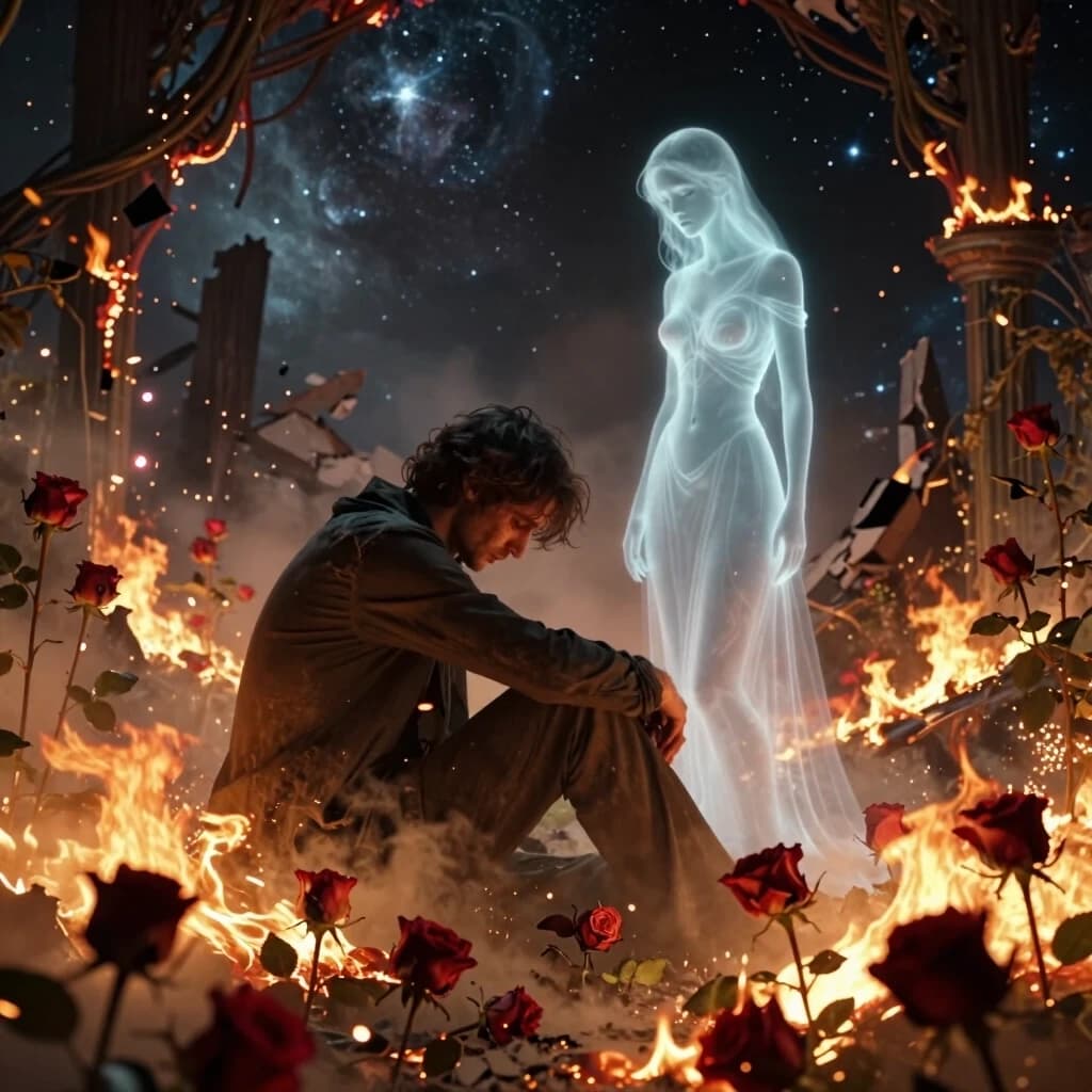 Dramatic fantasy digital art. Tragic destruction of paradise. A beautiful blooming Garden of Eden slowly burns, turning to dust, engulfed in smoldering embers and sparks. In the center, amidst wilting burning roses, sits a lone man, head bowed in deep sorrow. Beside him stands a ghostly translucent female figure - the personification of 'Fiasco', looking at him with a sad smile. In the background, through the collapsing paradise, a vast cold dark cosmos with distant stars is visible. High detail, strong contrast between the fiery sparks of the garden and the icy emptiness of the universe.