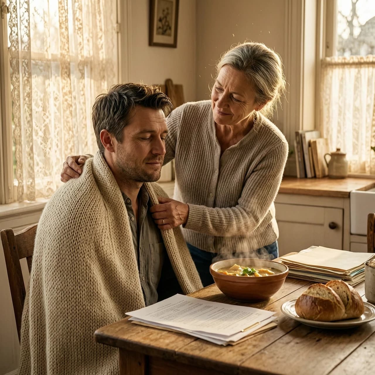 Cinematic photorealistic shot, emotional storytelling photography. A man in his late 20s, looking weary but deeply relieved, sits in a sun-drenched, cozy kitchen, resting in a state of profound peace and recovery. He is being cared for by a kind, middle-aged woman with a nurturing expression, who is gently placing a warm, handmade knitted blanket over his shoulders. The atmosphere is one of absolute safety, stability, and domestic warmth.

The environment is a clean, organized, and lived-in home: a wooden table with steaming bowls of nutritious homemade soup, fresh bread, and organized documents or household items nearby, suggesting the quiet process of rebuilding life and order. Soft, golden hour sunlight streams through lace curtains, illuminating dancing dust motes and creating a warm, amber glow. 

Composition: Medium shot, intimate close-up, shallow depth of field with a soft bokeh background. The lighting is soft, warm, and diffused, evoking a sense of being "tucked in" and protected. The color palette consists of warm earth tones, creamy whites, and soft ochre. High detail on textures: the weave of the wool blanket, the steam rising from the food, the gentle wrinkles of care on the woman's face. Mood: Serene, healing, grounded, and profoundly comforting. Hyper-realistic, 8k, shot on 35mm lens.
Replace the man's face with the attached photo
