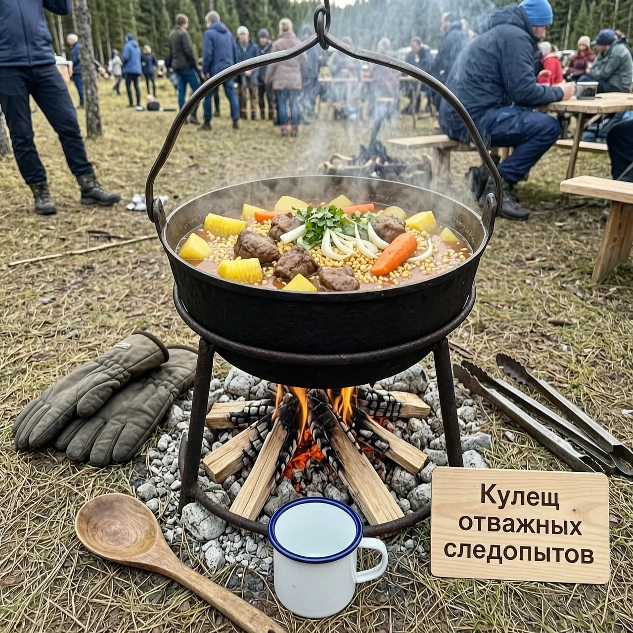 Фотореалистичное изображение на турслёте: в центре — чугунный котелок с горячим кулешом, из него поднимается пар. В супе видны кусочки картошки, пшена, тушёнки, лука и моркови. Котелок стоит на устойчивой треноге над аккуратным костром, рядом лежат термостойкие рукавицы и щипцы. На переднем плане — деревянная ложка и эмалированная кружка. Рядом небольшая табличка: „Кулеш отважных следопытов“
