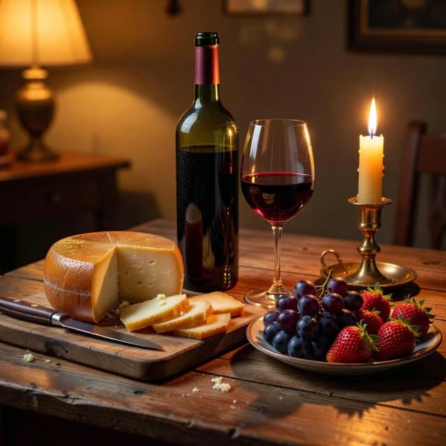 Close-up cozy evening still life on a wooden table. At the center — an open bottle of red wine, next to it a transparent wine glass filled exactly halfway with red wine. On a wooden cutting board lies a half-wheel of hard cheese with a knife, alongside neatly arranged sliced cheese pieces. On a separate plate — dark grapes and bright ripe strawberries. A thick wax candle in a candlestick burns on the table, casting warm flickering light. Soft side lighting from the candle and an additional warm source creates deep shadows, reflections on glass, and moist highlights. Cinematic mood, comfort, evening silence. Rich warm palette: burgundy, gold, terracotta, brown. Hyperrealistic detail, wood grain, condensation drops on the bottle, oily cheese rind, glossy grapes and strawberries. Style: modern food photography blended with Dutch Golden Age still life influence. 8k, shallow depth of field, bokeh background.