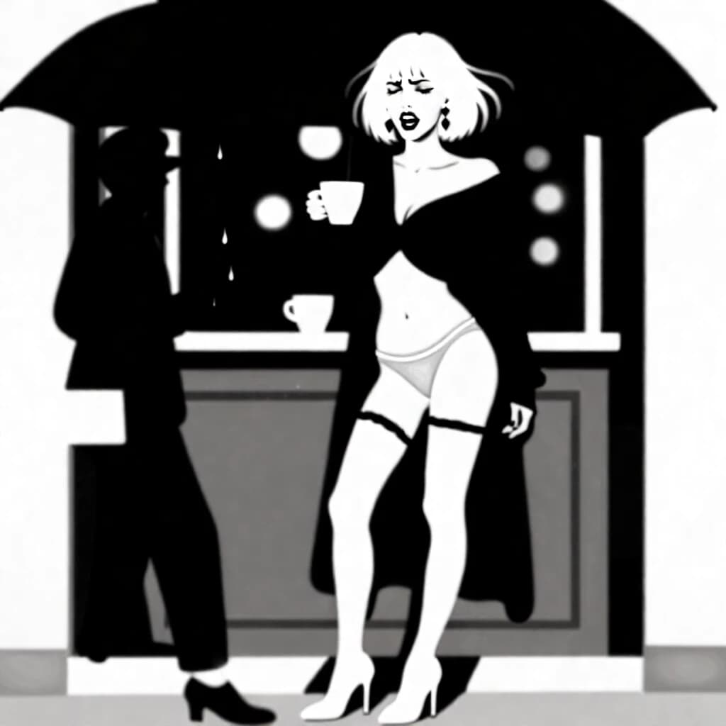 drawing by Diego Dyer, photography, drawing by Egon Schiele, 4K,
A young girl with a shock of white hair, very beautiful, short hair,white lipstick, white straight bangs, stands with a cup of coffee in her hand on the threshold of a French coffee shop, it's night outside, it's raining, eyes open, mouth slightly ajar, long earrings, stockings with garters torn at the knees, lust, beautiful legs in in white high-heeled shoes, lots of details, highly detailed image, photorealism, provocative, white garter on the leg, snow-white transparent pinoir, beautiful legs, sweet girl, model, beautiful body, pleasant pain, sweet moan, rapid breathing, agony, very beautiful plump lips with white lipstick