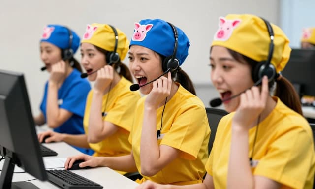 Stupid, stupid girls in yellow and blue medical uniforms are sitting in a call center, shouting into headsets, wearing blue and yellow medical caps with a picture of a pig's head on their heads.