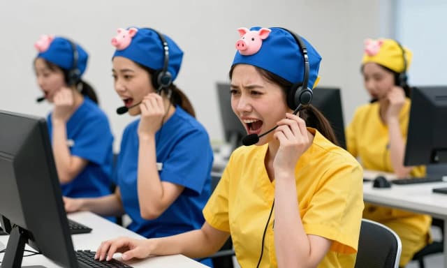 Stupid, stupid girls in yellow and blue medical uniforms are sitting in a call center, shouting into headsets, wearing blue and yellow medical caps with a picture of a pig's head on their heads.