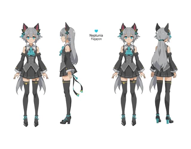 character sheet, front view, back view, side view, general view. Grey background, Neptunia