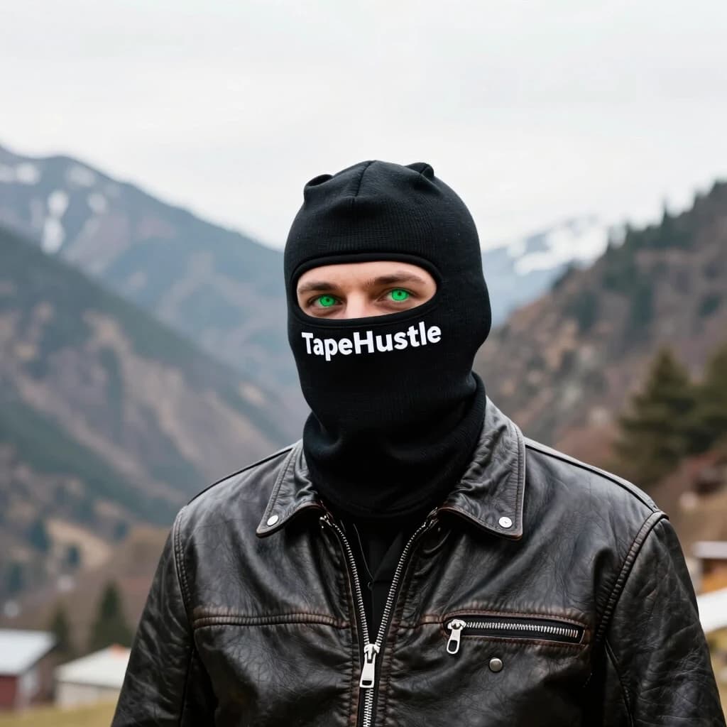 Создай человека в кожаной куртке в черной балаклаве  надпись TapeHustle где то в горах по давай что бы у него глаза были зеленые и вид еще чуть отдали