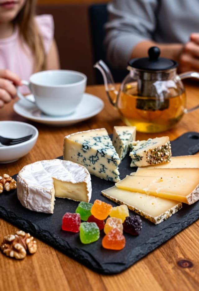 Photorealistic, 8K, highly detailed, warm indoor lighting, soft depth of field, cinematic food photography. A rich cheese platter on a dark slate serving board: include a wedge of soft brie with scored lines, a round of camembert, a piece of blue cheese with visible veins (like Dor Blue), slices of yellow hard cheese, and a few artisanal cheeses with herb- and spice-crusted rinds. Scatter golden-brown walnuts, brightly colored candied fruit cubes, and small gummy pieces across the board for texture and color contrast.

Next to the board, place a clear glass teapot with a black lid, filled with golden tea; a white porcelain teacup on a matching saucer; and a small white bowl with a black fork resting inside. The board sits on a warm-toned wooden table. In the softly blurred background, show partial figures of people at the table—hands, a child in a pink top, casual clothing—to convey a relaxed social gathering. Add subtle details like the grain of the wood, the creamy texture of the cheeses, and the glossy sheen of the candied fruit. Style: inviting, appetizing, and cozy, with a focus on rich textures and warm tones.