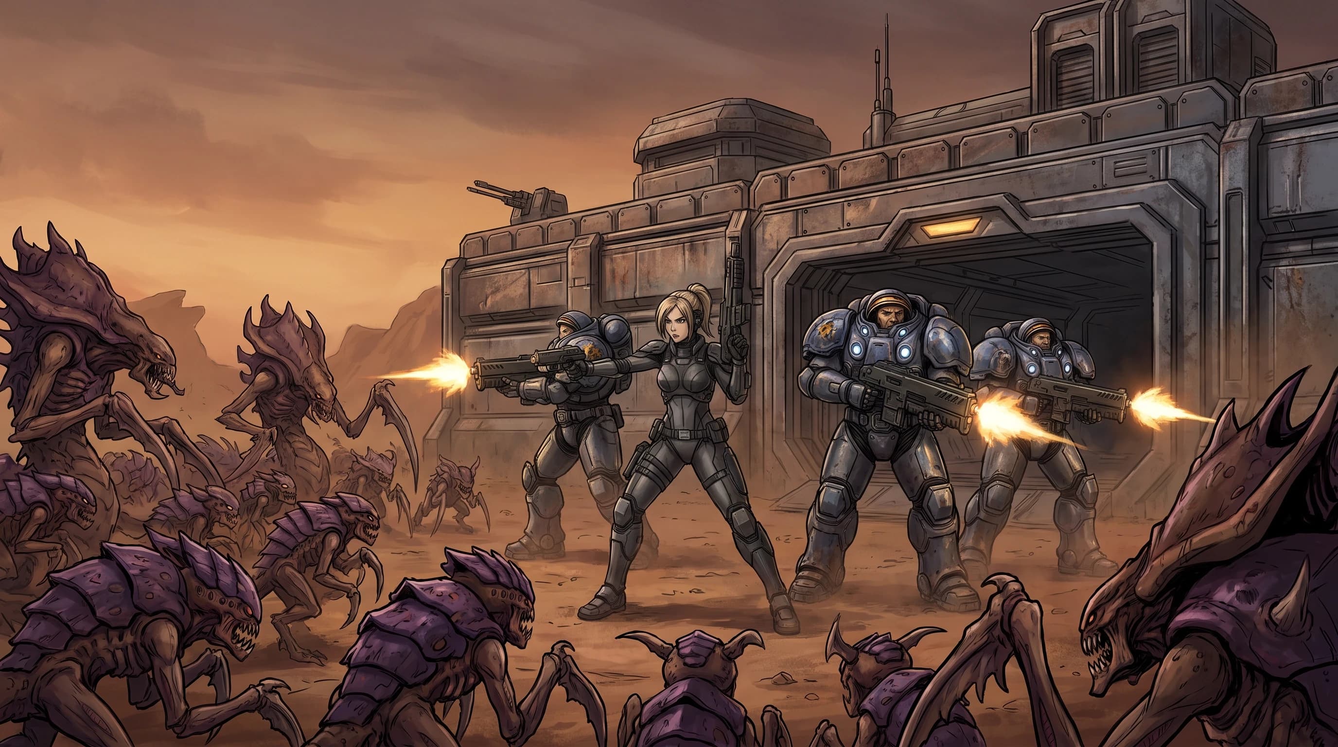 Starcraft (игра), Призрак Нова с отрядом морпехов в силовой броне, боевое строение, сражение против орды зергов, стиль аниме с реалистичными деталями