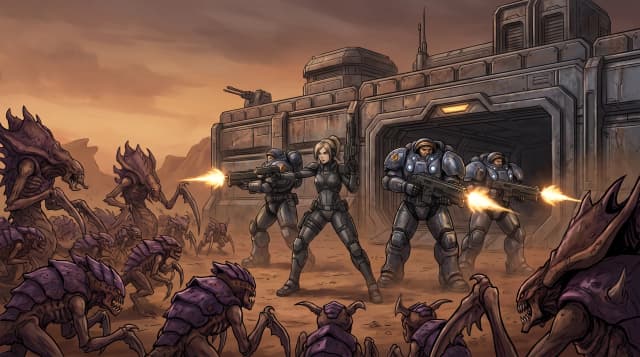 Starcraft (игра), Призрак Нова с отрядом морпехов в силовой броне, боевое строение, сражение против орды зергов, стиль аниме с реалистичными деталями