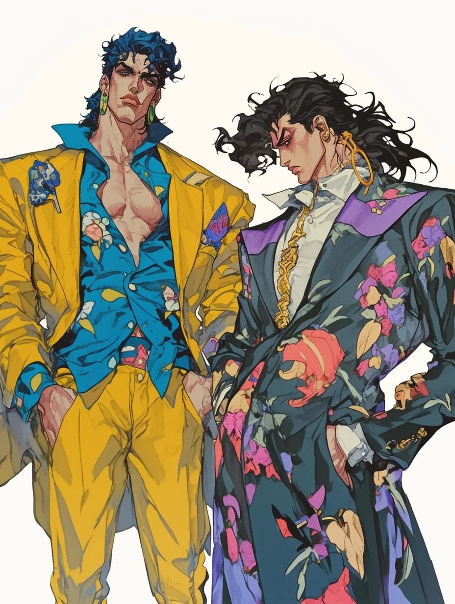 gigachad and sigma face imitation on the different anime characters painted in art styles of Katsuhito Ishii and Katsuya Terada, caricatured exaggeration of the masculine facial features of the chin, cheekbones, cheeks, eyes, and eyebrows, an elaborate pose showcasing the chic and unique design of an 80s-style outfit and Italian high fashion --ar 3:4 --niji 6 --s 100
