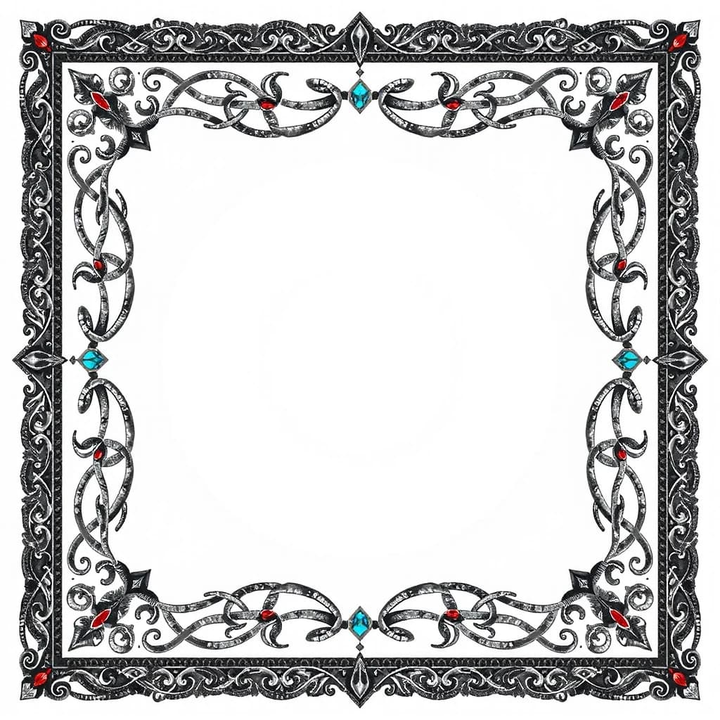 Create corners for a frame on a pure white background (NO SHADOW) blackened silver; Celtic lines; small red or blue stones; symmetry; gothic fantasy. Only four corners, on one sheet nothing more