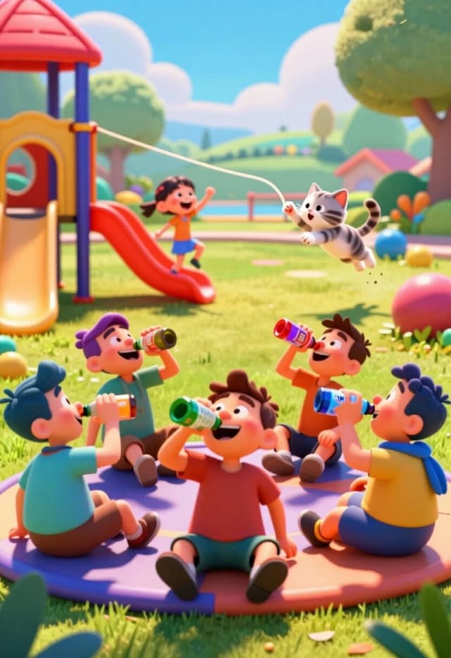 «Две реальности» (Style: Modern 3D Animation, Wide Cinematic Composition)*A breathtaking 8k 3D stylized wide shot with a deep composition. In the foreground, a group of rowdy adults is sitting on a colorful children's playground, drinking from bottles and laughing loudly, their figures slightly out of focus but their chaotic energy present. In the far background, in a bright, sun-drenched area of the park, a small, innocent girl is playing with a piece of string, skipping and laughing. A tiny, fluffy kitten is leaping in the air, trying to catch the string with its paws, creating a moment of pure, joyful innocence. Lighting: brilliant, saturated sunlight creating a vivid, colorful environment with soft, volumetric shadows. Shot with a deep focus to contrast the "adult" foreground with the "childhood" background. Extreme detail on the plastic textures of the playground, the flying grass, and the energetic movement of the kitten. High emotional contrast, vibrant pop-art colors, cinematic masterpiece.*
