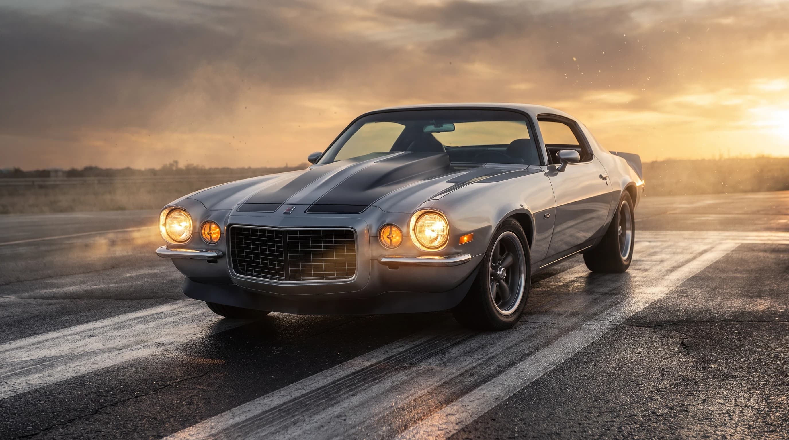 Chevrolet Camaro 1970 года, серебристый окрас, чёрные полоски, стоит на асфальте, эпичный ракурс, серебряные лучи, горящие фары, кинематографичная съёмка, шедевр