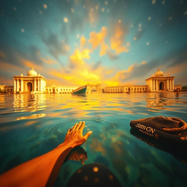 by Nikolai Lockertsen, Etam Cru, Oil painting, landscape of a Bhubaneswar from inside of a Crystal-clear fairy pool, it is Fiery, Stars in the sky, Relaxed, bokeh, Ilford HP5+ 400, F/14, rich colors, original, perfect background, artistic, dynamic composition, dynamic dramatic beautiful full taking, luxurious sharp focus