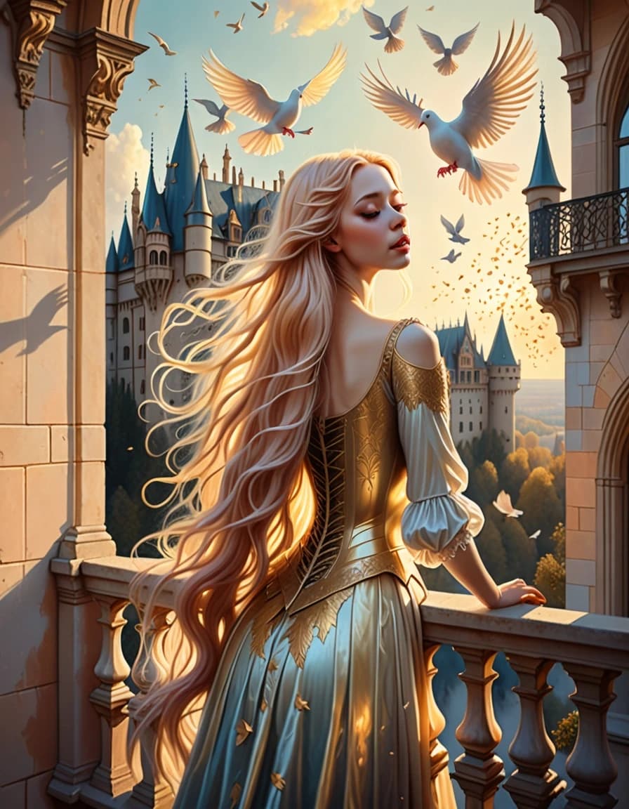 Fairytale art. Zlatovlaska standing on a balcony of a beautiful European gothic castle. Her long, liquid-gold hair cascades down, catching the radiant sunlight. Doves flying around her, soft pastel color palette, romantic, highly detailed digital painting, magical atmosphere.
