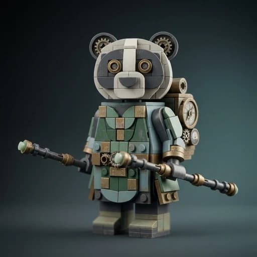 A never-before-seen original LEGO creation: [Panda Po].
Designed as a unique custom minifigure or brick-built character NOT found in any official LEGO set, catalog, or fan database.
Completely original color scheme: no primary colors, only an unconventional palette with muted tones, metallic accents, and unexpected color combinations.
Unusual symmetrical design.
Hybrid aesthetics, unrelated themes combined into a single, cohesive character.
Meticulous detailing: custom accessories never seen in official sets, unique surface textures, distressed plastic finish with subtle scratches, scuffs, and authentic wear marks indicating real-world use.

Cinematic studio lighting, macro photography, shallow depth of field, ultra-realistic plastic material with visible injection-molded seams and authentic LEGO clutch mechanism details, 8K resolution, isolated on a solid gradient background.
No logos, no existing IP characters, no recognizable franchises, no copies of any existing sets, no references to official LEGO themes.
