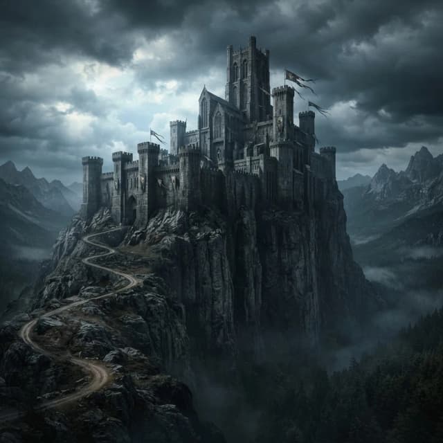 Dark fantasy Dungeons & Dragons landscape. A massive ancient medieval castle built on top of a gigantic rocky mountain, standing isolated above a dark wilderness.

The castle is enormous, old and imposing, built from dark gray stone. Tall defensive walls, massive towers, narrow windows, battlements and a large central keep rise above the cliffs. The architecture belongs to an ancient knightly order: monumental, severe and functional rather than elegant.

The fortress is partially weathered by centuries but remains standing and powerful. Old banners hang from the towers, moving in the cold wind.

The castle stands directly upon a huge vertical mass of dark rock, making it clear that an enormous underground complex could exist deep beneath the fortress. Ancient stone foundations disappear into the mountain.

A narrow winding road climbs toward the main gate through steep rocky terrain. Far below are dark forests, mist-filled valleys and distant mountains.

Heavy storm clouds gather above the castle. Faint cold light breaks through the clouds, illuminating parts of the fortress while the lower cliffs disappear into fog and darkness.

Wide cinematic exterior view from a distant elevated position. The entire castle and the enormous rocky foundation beneath it are visible. The castle dominates the upper part of the scene while the massive mountain beneath it emphasizes the hidden depth of the dungeon below.

Dark fantasy medieval fortress, ancient knightly castle, massive mountain citadel, gothic medieval architecture, towering walls, dramatic cliffs, dark forest, distant mountains, storm clouds, atmospheric fog, cinematic lighting, realistic stone, monumental scale, mysterious ancient stronghold, epic dark fantasy concept art, highly detailed, 16:9.

No characters in foreground, no modern buildings, no sci-fi elements, no steampunk, no floating castle.