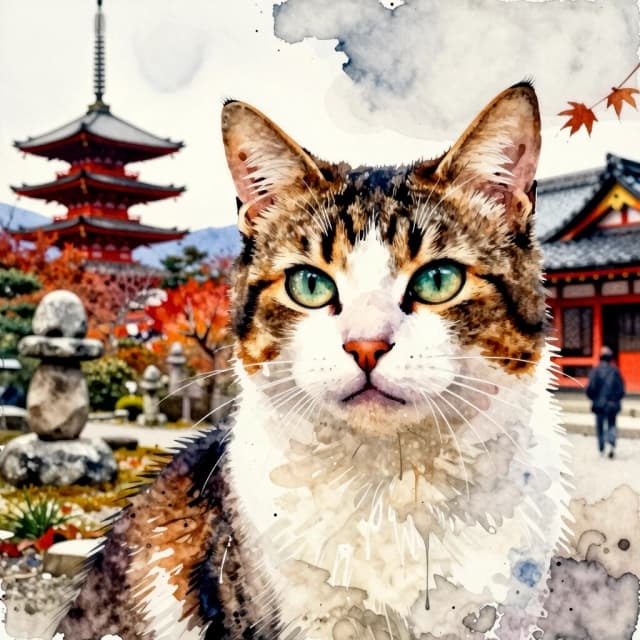 A masterpiece. The painting is done in watercolors. (Double exposure:1.8). (Portrait of a fabulously beautiful cat:1.8). In the background, there are views of Japan at that time: a pagoda, a garden of stones. The whole painting is united by an old autumn city landscape. High quality. High resolution. Increased attention to small details, clear contours. Intense close-up. Bold strokes, drips, spots. Watercolor style. Artist: Levitan, Sergey Andriaka.