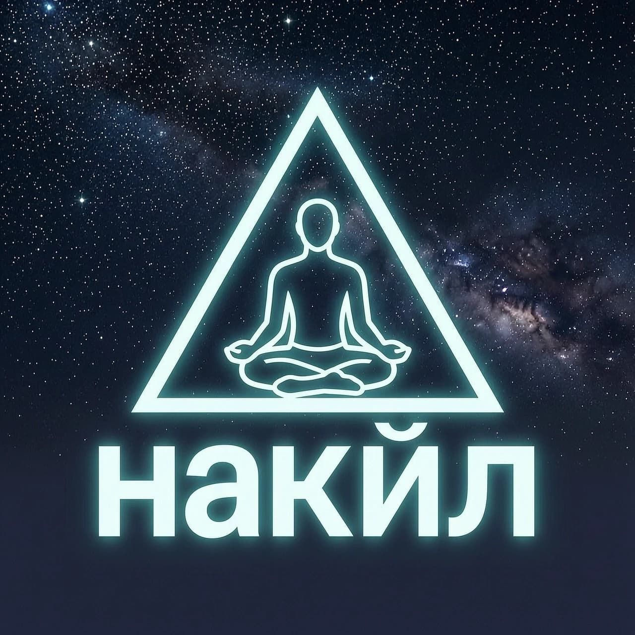 Привет, на тёмном фоне со звёздным небом светящийся символ ганкйил, а на его фоне треугольник с вписанным в него человеком, сидящем в позе лотоса