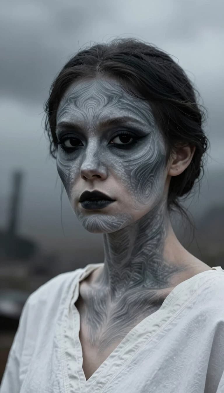 a realistic close-up 3/4 shot of an woman with full-black solid eyes, dressed with a white tunic, he's looking at the camera, detailed skin with monochrom ,beautiful symmetric  pattern cover gray face, in a dystopian world, cloudy and foggy weather, post-apocalyptic, canon 5d, 50 mm