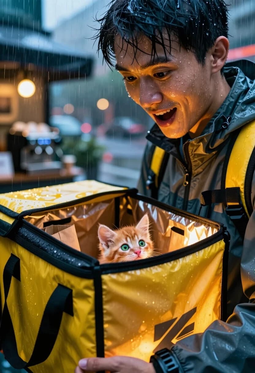 A breathtaking 8k hyper-realistic cinematic shot, extreme close-up and dynamic angle. A young delivery courier, drenched from the rain, wearing a textured technical waterproof jacket with glistening water droplets, is captured in a moment of pure, surprised tenderness. The camera angle is a low-perspective close-up, looking from inside a warm, glowing delivery thermal bag. Inside the bag, nestled among brown craft paper bags, is a tiny, incredibly fluffy ginger kitten with wide, curious, emerald eyes and a small pink nose, looking up with innocent curiosity. The courier's face is partially in the frame, his expression a vivid mix of shock and a melting, genuine smile, with a few stray raindrops clinging to his eyelashes and skin pores visible in high detail. Background: a blurred, atmospheric city coffee shop at twilight, with warm amber bokeh lights, steaming espresso machines, and a rainy windowpane reflecting blue and neon city lights. Lighting: a dramatic contrast between the cool, blue rainy exterior and the warm, golden interior glow, creating a volumetric light effect. Shot on Nikon Z9, 35mm f/1.4 lens, capturing the tactile contrast between the cold wet fabric of the jacket and the soft, airy fluff of the kitten's fur. Shallow depth of field, immersive atmosphere, raw emotional storytelling, masterpiece of lighting and texture.