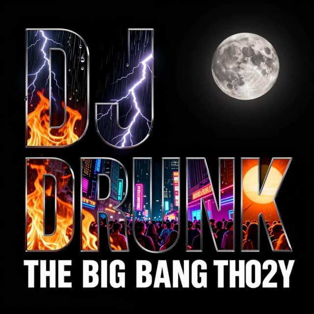 Modern EDM album cover art, 1:1 aspect ratio, solid pitch-black background. Massive, ultra-wide contemporary electronic music typography reading exactly "DJ DRUNK' - THE BIG BANG THEORY". Trendy 2026 graphic design style. The font uses a photographic clipping mask effect with razor-sharp edges and subtle wet chrome outlines. Inside the letters is a photorealistic, high-contrast collage: real burning fire, heavy rain droplets with a sharp fork of lightning, a crowded neon night city rave, a blazing sun, and a cinematic full moon. Hyper-detailed, award-winning cover design, photorealism.