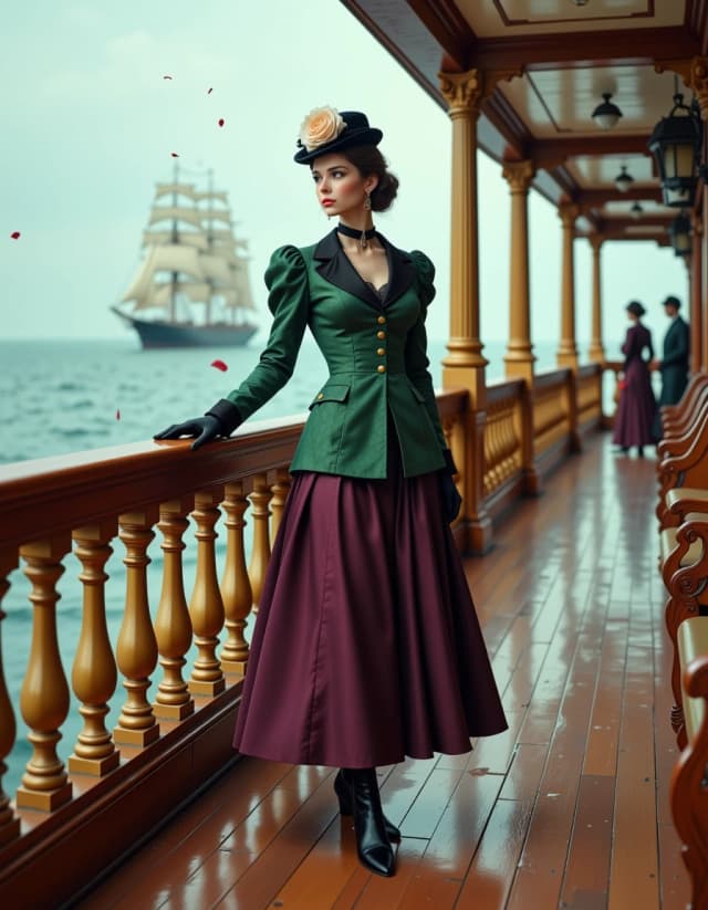 A masterpiece,  in the style of the 1980s, with bold lines, dynamic strokes and rich textures, on background with a touch of nostalgia, perhaps with subtle drawings inspired by cellulose and vintage, worn textures similar to paper, oil painting, Victorian-era full-body portrait of an elegant woman standing on the polished wooden promenade deck of a 19th-century passenger ship, wearing an emerald green brocade jacket with gold buttons and puffed shoulders, a high lace collar and black velvet choker with a small pendant, a deep plum velvet floor-length skirt and black buttoned ankle boots, stylish updo topped with a small hat adorned with a large pale rose and ribbon; she extends one hand as a single rose petal drifts past, gaze turned toward the distant horizon where a tall sailing ship crosses a calm, slightly choppy sea. Rich warm brass railings and ornate carved wood architecture frame her, leading lines of the deck benches and balustrade draw the eye; soft overcast natural light, muted cool blues and greens in sea and sky with warm accents of brass and rose, cinematic shallow depth of field (85mm, f/2.8) for subject separation, photorealistic painterly detail, high texture on fabrics and wood grain, subtle film grain, nostalgic romantic mood, composition balanced with subject slightly off-center following rule of thirds.