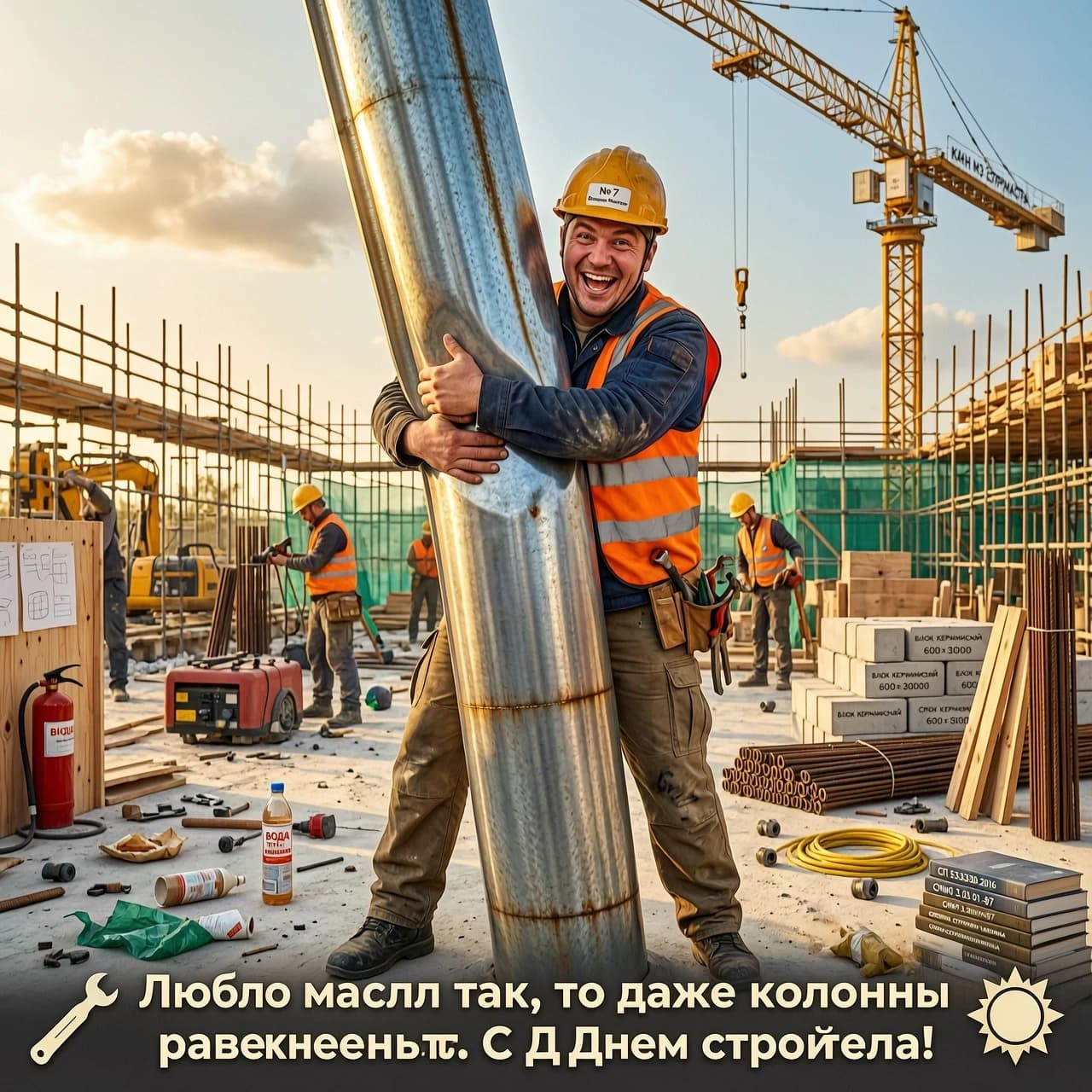 Промпт: монтажник в спецодежде и каске радостно обнимает массивную стальную колонну; лицо счастливое, глаза сияют; колонна слегка изогнута от силы объятий, но без разрушения, комично; стиль полуреализм, тёплые оттенки, стройплощадка на фоне, видны леса и кран; лёгкая гипербола, юмор, без агрессии.
Подпись: «Люблю металл так, что даже колонны краснеют. С Днём строителя!»