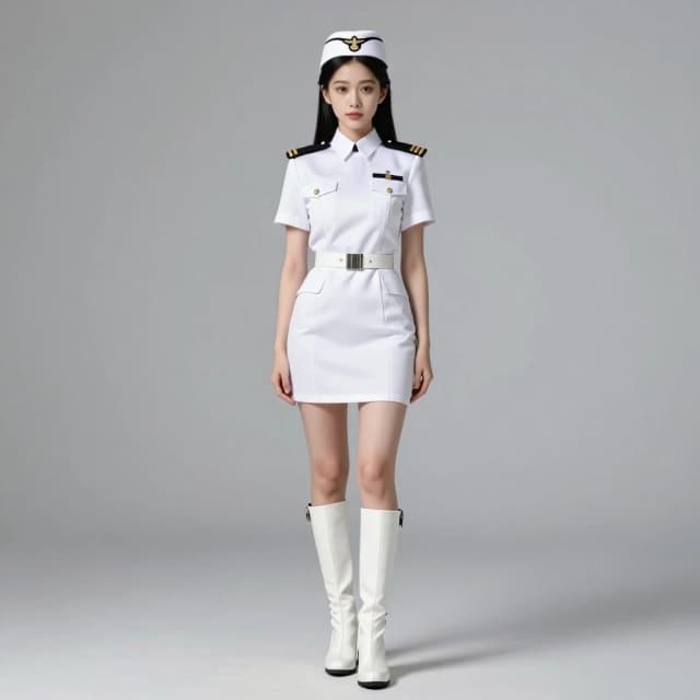 The girl is wearing a beautiful, white, short dress that looks like a formal officer’s uniform. She has on white high‑heeled boots. She is wearing a cap with a high crown.