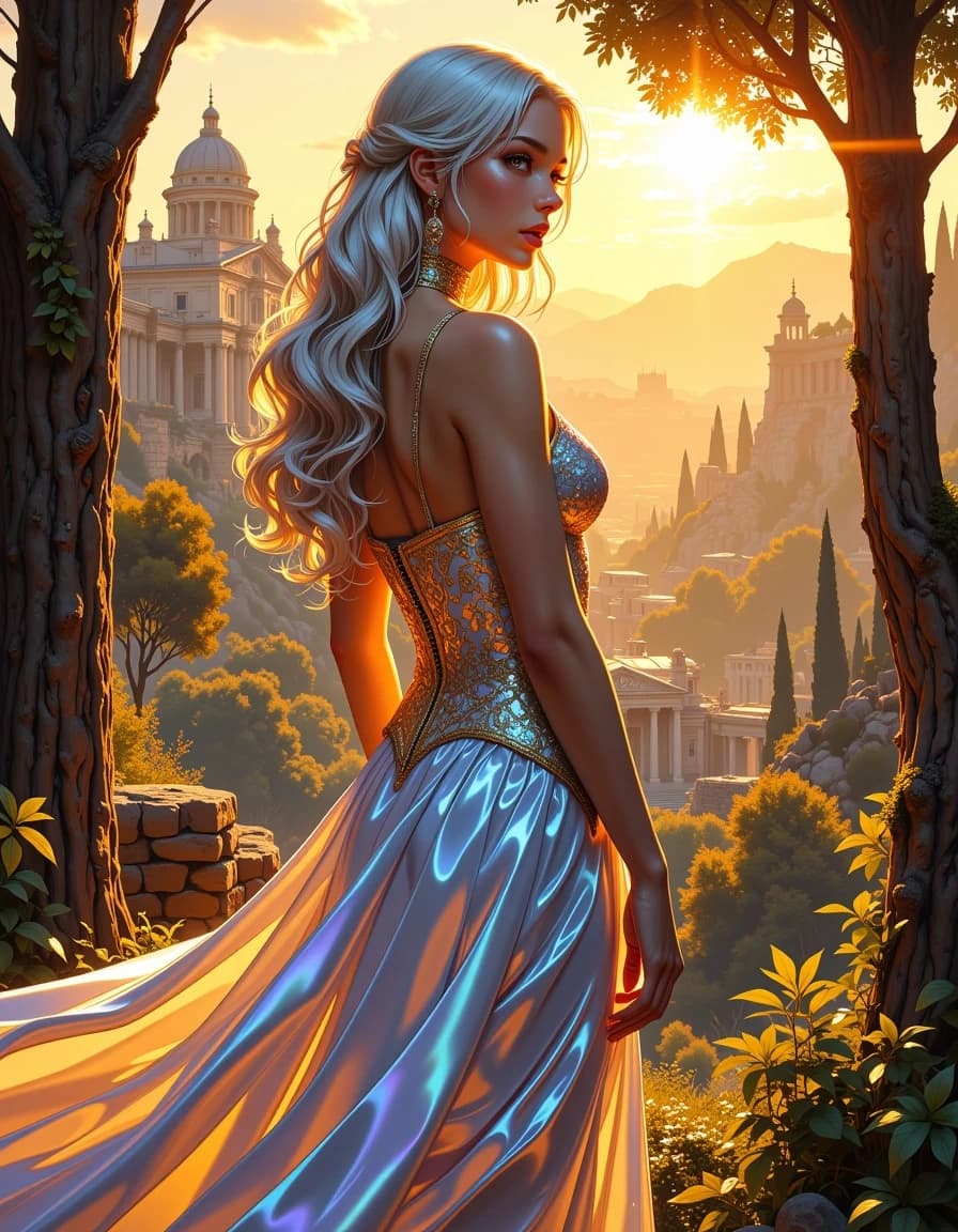 A masterpiece,  in the style of the 1980s, with bold lines, dynamic strokes and rich textures, on background with a touch of nostalgia, perhaps with subtle drawings inspired by cellulose and vintage, worn textures similar to paper, oil painting, Ultra-detailed photorealistic full-body portrait of an ethereal young woman standing in an ancient Roman landscape at golden hour, long platinum-silver hair cascading in soft waves, iridescent pearlescent skin and a shimmering holographic gown with an intricate sculpted bodice and flowing pleated skirt that catches rainbow highlights, soft sunbeams filtering through trees creating volumetric light and warm backlight rim illumination, subtle lens flare, misty valley with cypress trees and classical architecture in the background including a domed basilica and Colosseum-like ruins, foreground foliage framing the subject, cinematic composition, shallow depth of field (85mm, f/1.8), natural skin subsurface scattering, realistic fabric reflections and metallic sheen, finely detailed hair strands, delicate makeup, high dynamic range color grading with warm golden and cool iridescent contrasts, ambient occlusion, soft film grain, photoreal textures, hyperreal fantasy-goddess mood, ultra-high resolution.