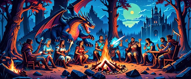 An epic wide channel header featuring a heroic fantasy RPG gaming party gathered around a campfire before a battle, a warrior, mage, and archer laughing together, mystical forest background with ancient ruins and a glowing dragon castle in the distance. Warm campfire glow contrasting with magical blue aura, warm fantasy atmosphere, sense of deep friendship and adventure, highly detailed digital painting, artstation trending --ar 16:9