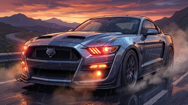 Концепт-кар, маслкар с символом волка, гибрид ford mustang gt 500 и pontiac firebird, стоит на дороге, эпичный ракурс, горящие фары, шедевр, крупный план, стиль аниме с реалистичными деталями