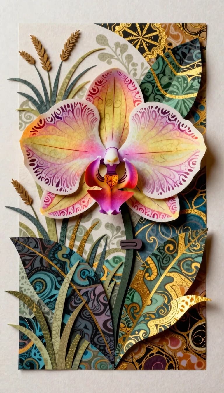 The art of multi-layered paper applications in the Baroque and Rococo style. Scrapbooking. Collage style: mixed media, layered, textured, artistic. A neatly cut drawing: a bright colorful orchid flower surrounded by wide patterned leaves. Each layer of paper with a pattern is clearly visible, superimposed on each other. In a carved orchid flower, the edges of the petals are carved in the Baroque style, with fractal patterns on the petals. They glow at the edges. Everything is cut out of paper. The vegetation of wild grasses is depicted in the background. Surreal and whimsical applique, each layer of paper is decorated with golden patterns of kintsugi marble. Intricate curves in Rococo and neo-Rococo styles. Style: gothic, gloomy, mysterious, mesmerizing, dramatic, ornate, Art Deco, Art Nouveau, delicate neo-Rococo, Renaissance. Detailed composition. Paper collage: mixed media, textured paper, overlay, asymmetrical, abstract, bright. It's an exciting sight. Inspired by the works of Andrew Jones. Decorative design. High quality and detail. HDR.
