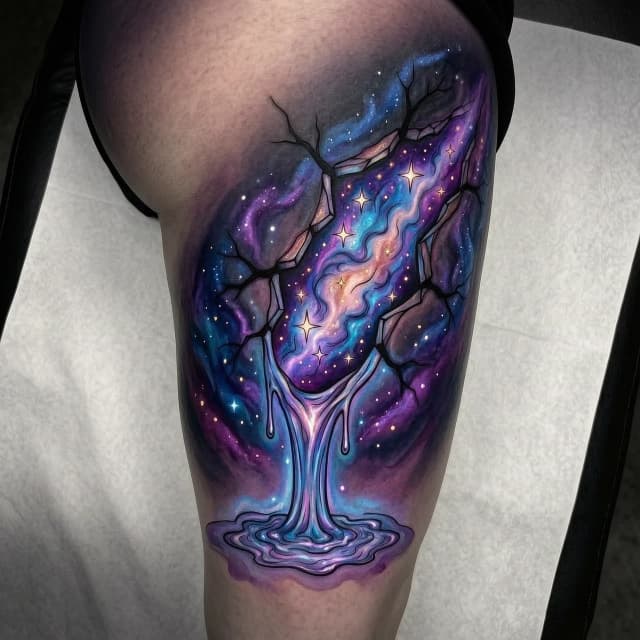 Tattoo sketch design for the hip and buttock area, featuring a dramatic, organic crack or fissure splitting through the skin. From within the deep fracture, a vibrant cosmic nebula with swirling interstellar dust, glowing star clusters, and distant galaxies is seen, appearing to leak and flow outwards like a viscous, glowing liquid. The cosmic substance has a fluid, ethereal texture, dripping down the curve of the thigh. Fine line art combined with soft shading, surrealism style, high contrast, celestial aesthetic. Detailed stippling and whip-shading, cosmic watercolor elements, ethereal lighting, deep blacks against luminous purples, blues, and magentas, cinematic composition, hyper-detailed cosmic textures, professional tattoo flash art.