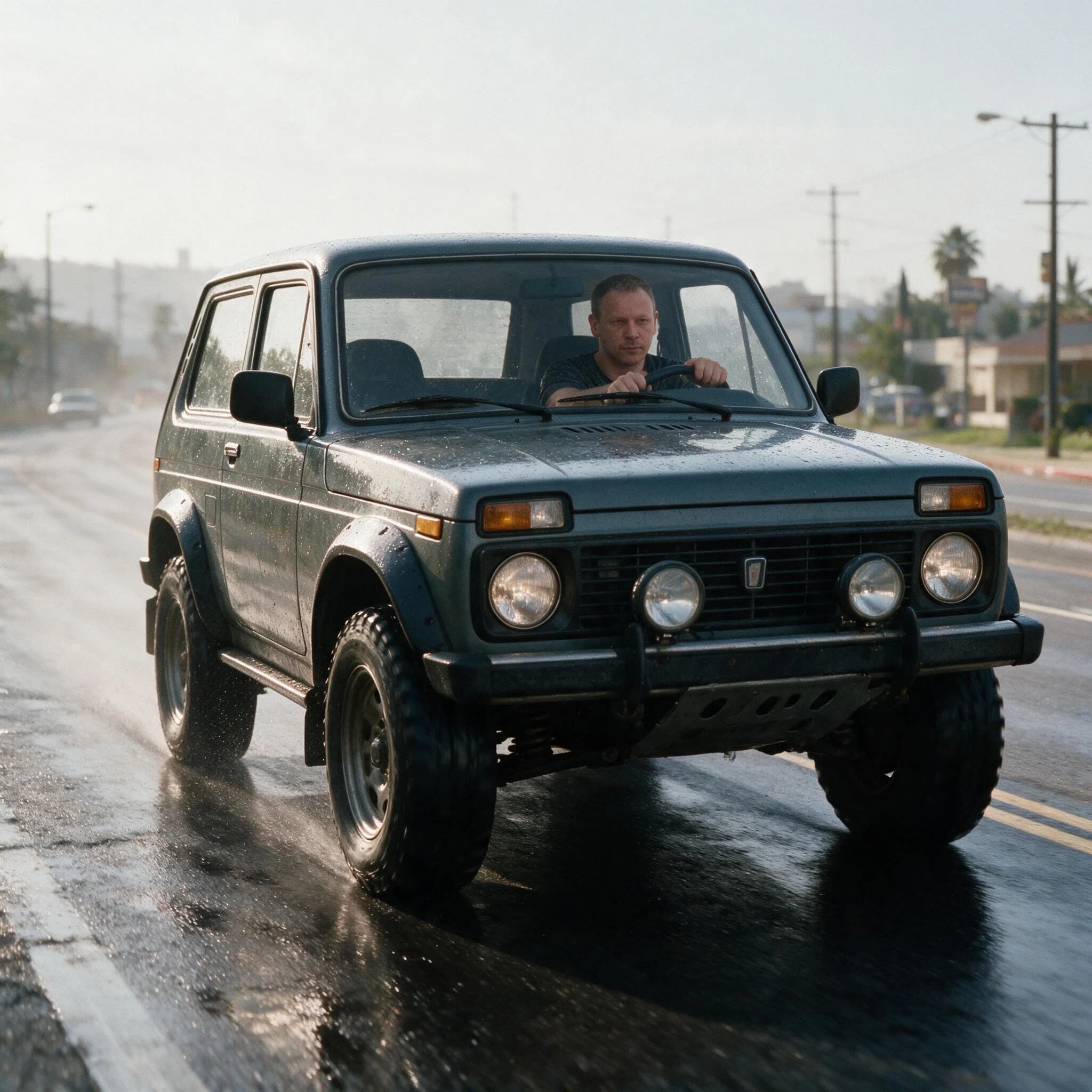 Manis driving a Niva with a rally body kit with a face from a reference photo,confident look, humid atmosphere, cinematic composition, photorealistic, close up view, movie still style, Los Angeles 1980, epic wide shot,ultra detailed,realistic,